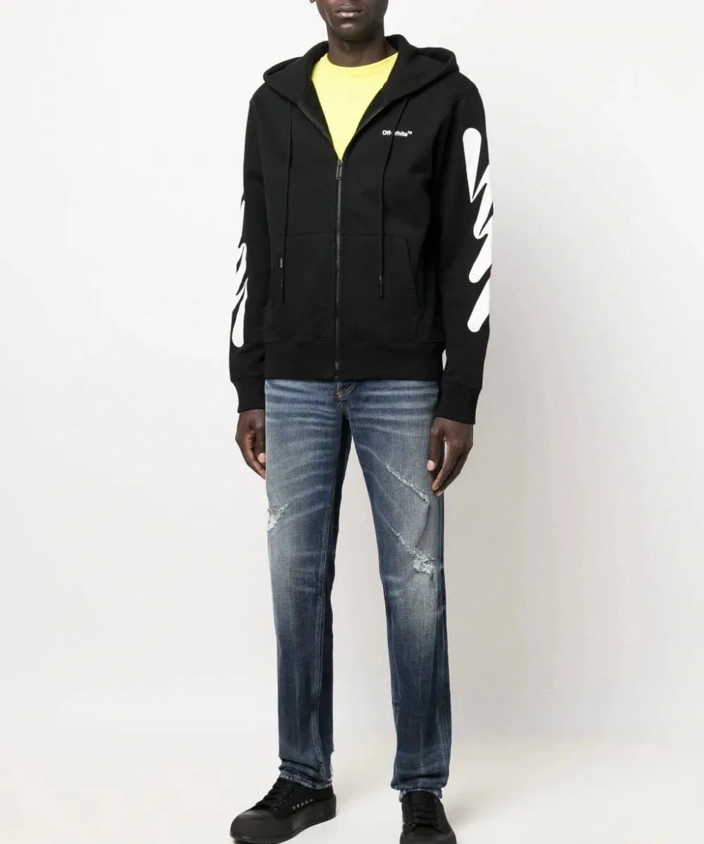 Top tested version OFF-WHITE OW black and white graffiti brush wavy pattern zebra crossing ECG men's and women's loose T-shirt unisex zipper hoodie sweatshirt After the ECG series, the tiger stripe pattern appears again. This may be another simple and luxurious new model after the merger with LV. Awesome black and white color scheme, new artistic derivation of signature elements, and simple fashion style is remarkable. Small dropped shoulders, slightly wide style, suitable for both men and women.  Imported glue technology, extremely strong. 21 brand new washable collar label tags, customized one to one. The fabric is 480g double-ply double-yarn terry fabric, which is full of drape and smooth to the touch. A must-have for fall and winter!  Color: Black Size: XS-L P:410